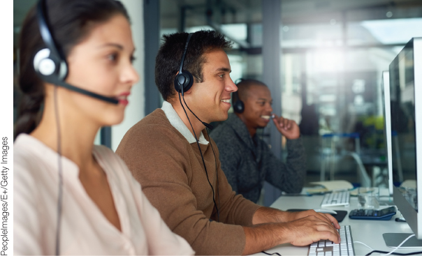 Photo illustration of three call-enter employees, a woman and two men seated in a row, interacting with customers over the phone.