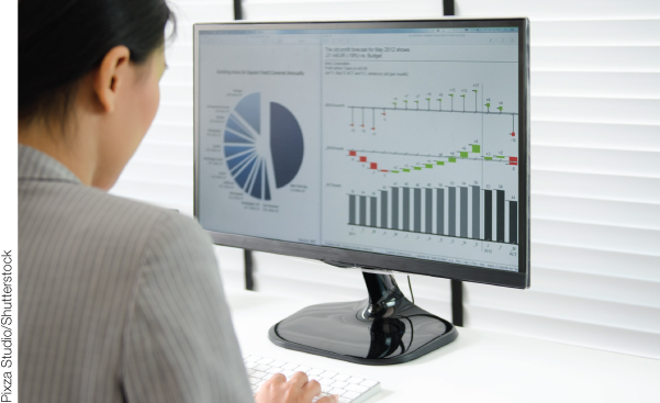 Photo illustration of a woman (only back seen) looking into certain statistics displayed on the computer screen.