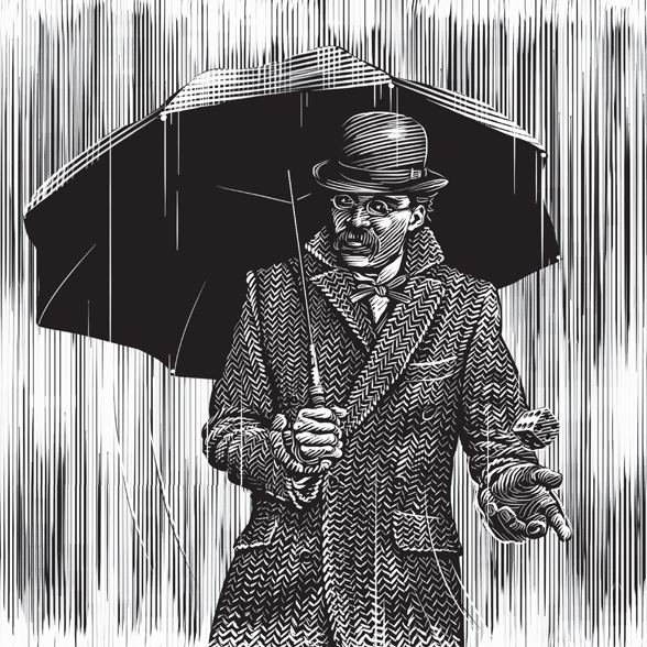 Schematic illustration of a man walking with an umbrella.