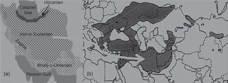 2 Maps displaying the different ecological zones of Iran (left) and natural distribution area of Amygdalus L., excluding cultivation (right).