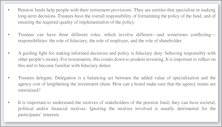 Chart summarizing the key points focusing on the pension fund and the role of its board of trustees in defining its goals and strategies.