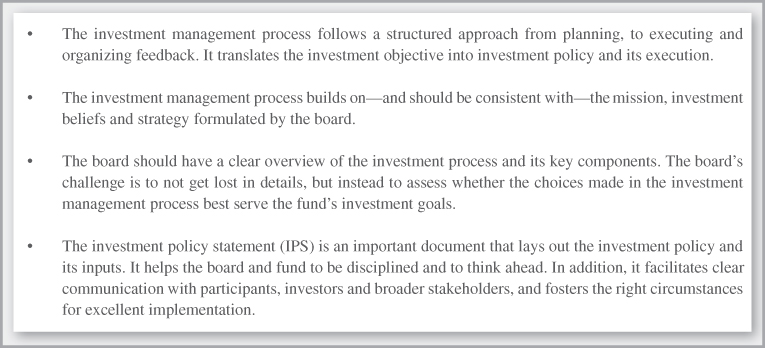 Chart summarizing the key points of the investment management process  by which the pension fund intends to achieve its investment objectives.