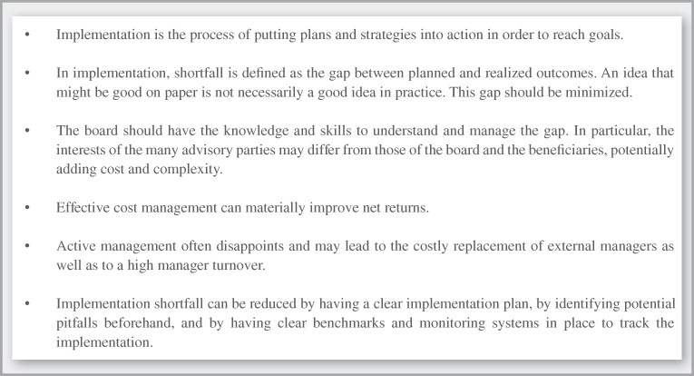 Chart summarizing the steps involved in the implementation of the investment strategy in order to reach goals.