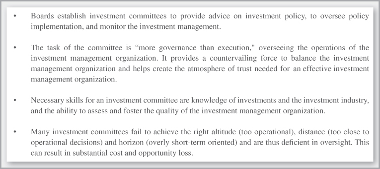 Chart summarizing the key points for establishing an investment committee to provide advice on investment policy, policy implementation, and investment management.