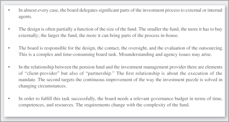 Chart summarizing the key points for managing the investment management organization and the actual implementation of the investment strategy.