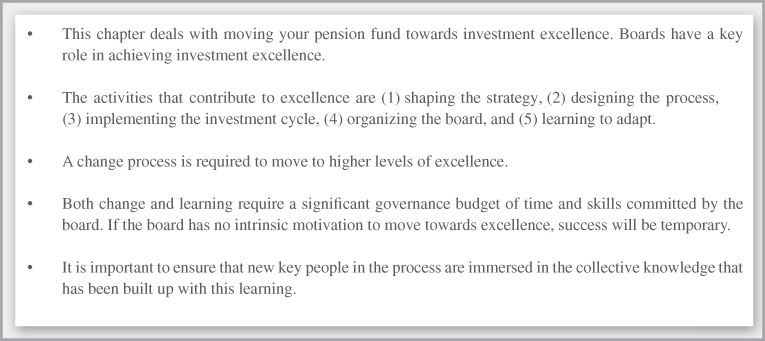 Chart summarizing the key points that contribute in achieving investment excellence, dealing with moving a pension fund.