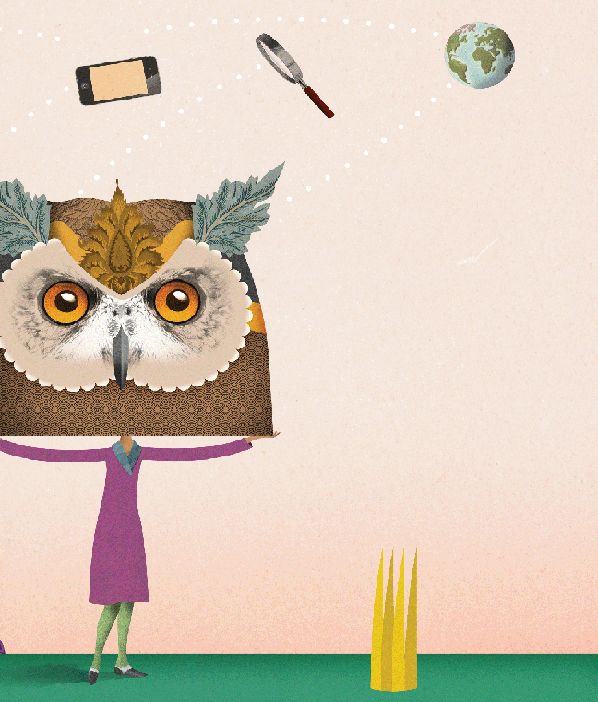 A cartoon image in the background of the page depicting a phone, a microscope, a globe, and a lady who has covered her face with an owl's image.