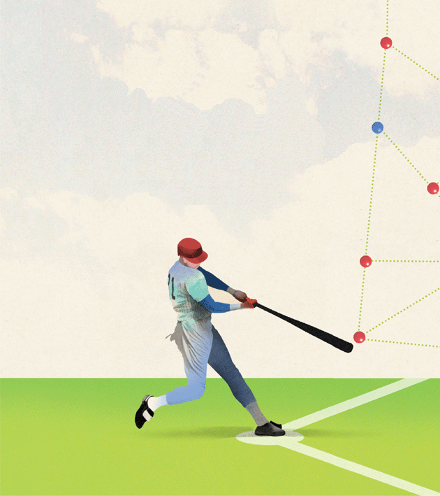 Figure depicting a baseball player hitting a web of base balls by his base bat.