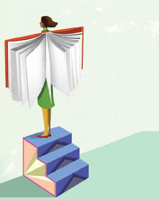 A cartoon image depicting a woman standing on the top step of a 3-step stair. The middle portion of the woman is hidden by an open note book.