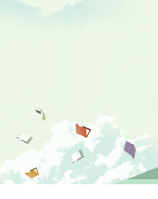 Figure depicting books and files falling in the air.