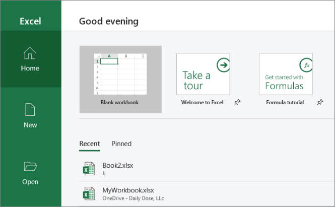 Screenshot of a portion of Excel’s Start screen for creating a blank workbook.