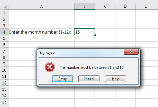 Screenshot of an Excel worksheet displaying a message when the user makes an invalid entry.