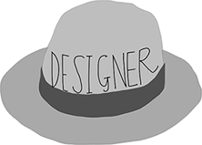 Image of a brimmed hat with the word "designer" written above the hatband.