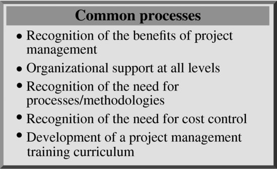 A box that lists characteristics of Level 2 with the head Common processes and 5 bullet points. 1. Recognition of the benefits of project management. 2. Organizational support at all levels. 3. Recognition of the need for processes/methodologies. 4. Recognition of the need for cost control. 5. Development of a project management training curriculum.