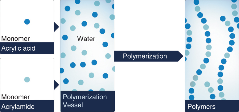 Flow diagram with schematics depicting polymerization process from monomers, water, to polymers.