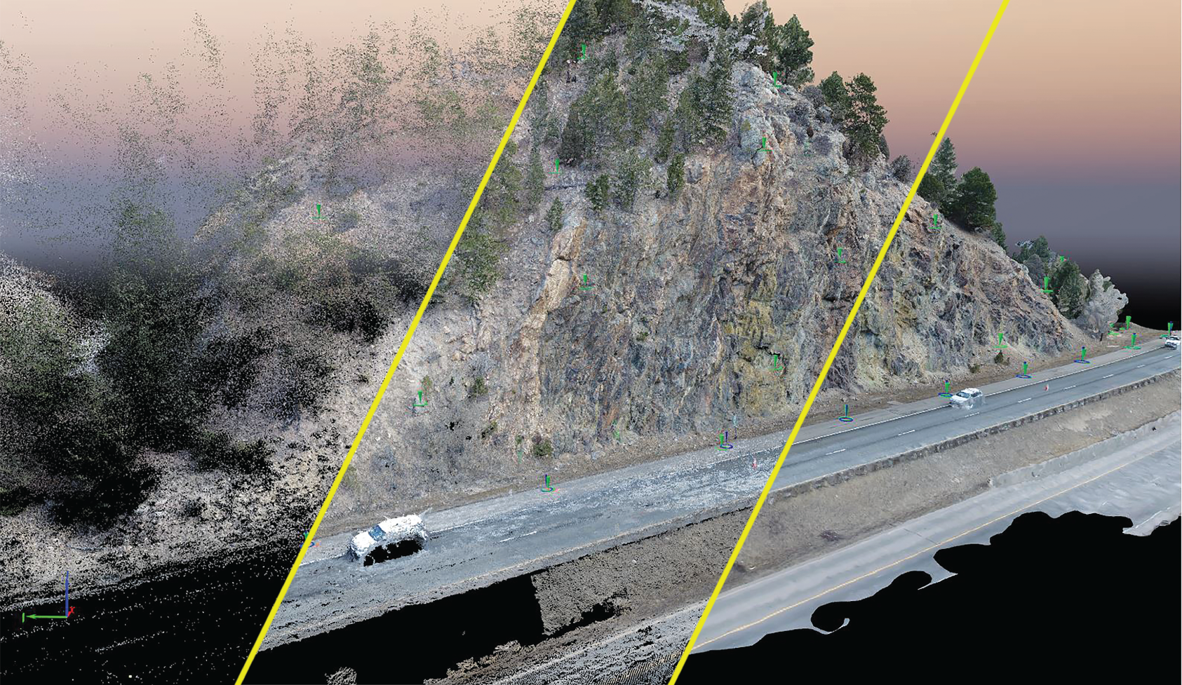 Photo depicts the drone photogrammetry data along I-70 in Colorado. From left to right, initial point cloud, final point cloud, 3D mesh.