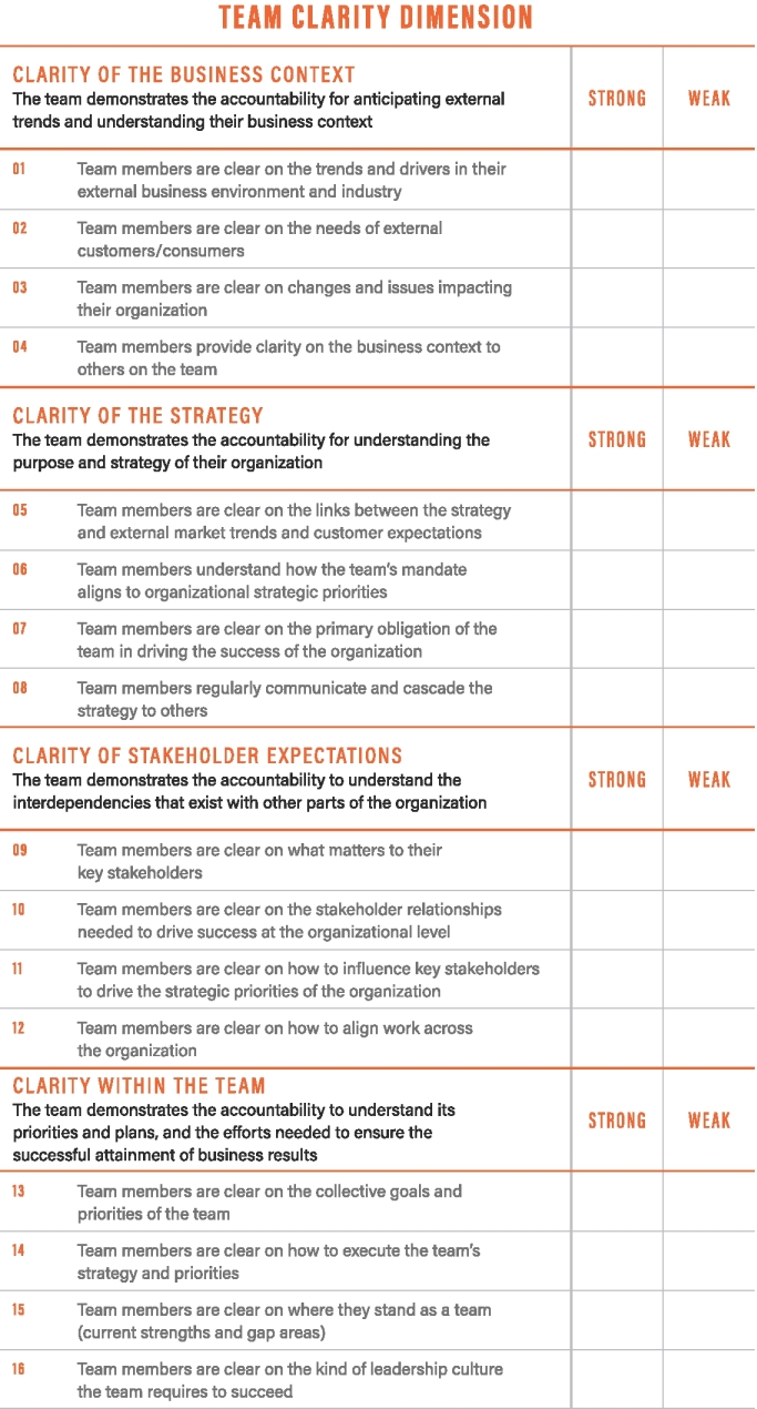 The figure shows different statements (1 to 16) for assessing the team clarity dimension of your team.