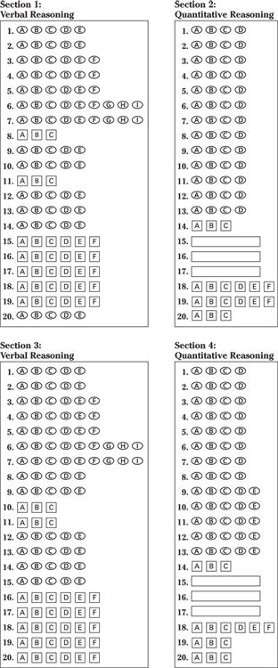 Tabular representation of answer sheet for Practice Exam 2 with Sections 1 and 3: Verbal reasoning; Sections 2 and 4: Quantitative reasoning.