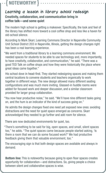 Image of a “noteworthy” section titled “learning a lesson in library school redesign: creativity, collaboration, and communication bring in coffee talk—and some quiet.” The bottom line of this long note is that this is noteworthy because going to open floor spaces creates opportunity for collaboration—and distractions. So, giving people a choice between silent and collaborative spaces is wise.