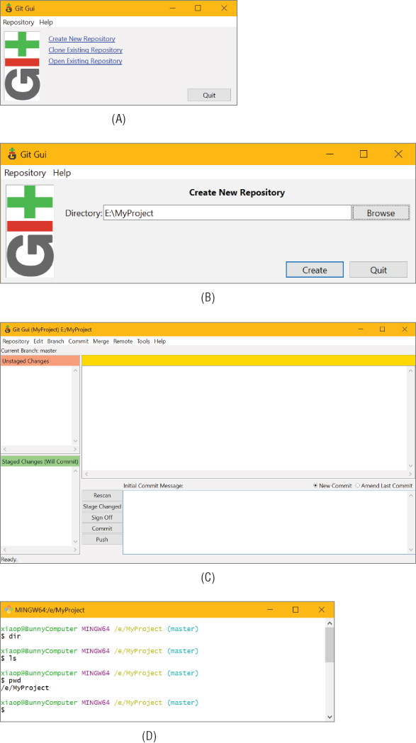 Screen captures depicting the Create New Repository option in Git GUI (A); E:\MyProject selected as the directory with Create button (B); Git GUI program’s main interface (C); Git Bash program (D).