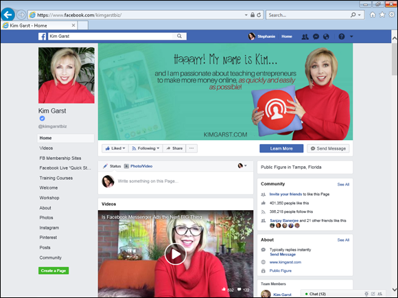 Screenshot of web page of Kim Garst blog that integrates her many social channels on her Facebook Page.