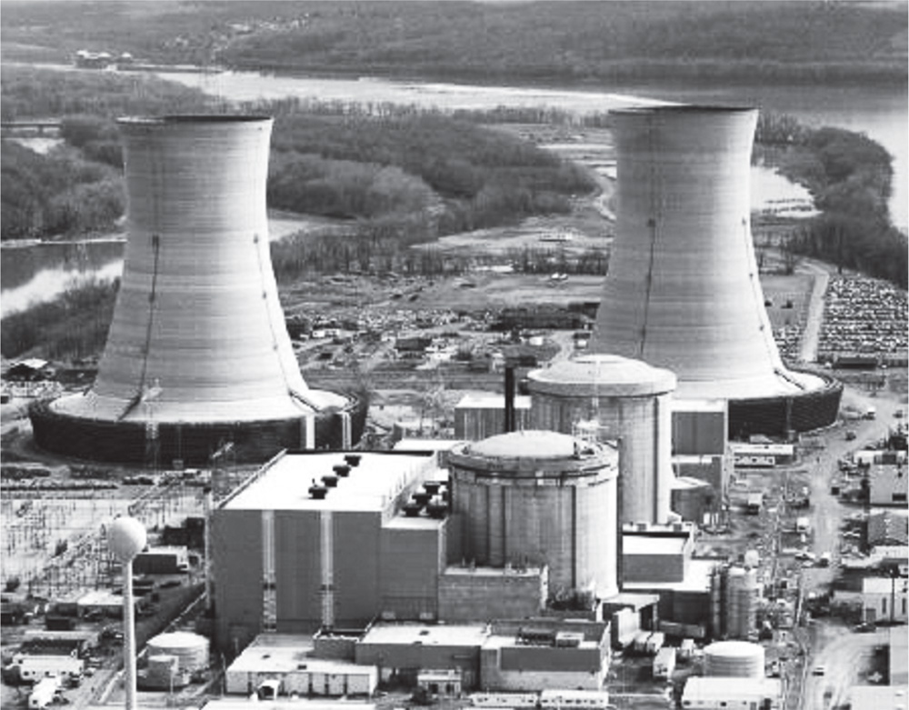 Photo depicts an aerial view of Three Mile Island nuclear power plant on March 28, 1979, after the accident.