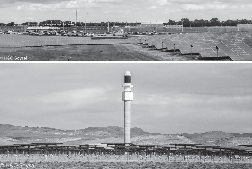 Photos depict two common technologies to capture solar energy are Photovoltaic conversion and concentrated solar power generation systems.