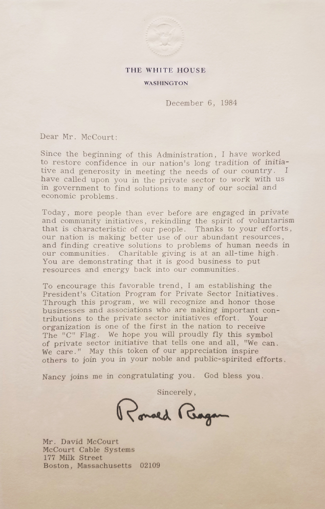 A letter of appreciation received by McCourt for his contribution to telecommunications, media, education, and humanitarian efforts. The letter also mentions that his organization is the first one to receive the “C” flag.