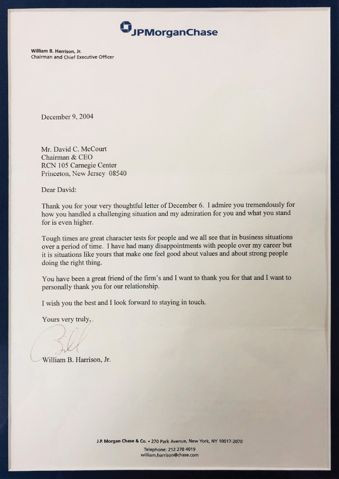 A letter of appreciation received by McCourt from Chairman and CEO of JPMorgan Chase William B. Harrison, Jr. The letter appreciates McCourt for his way of handling business situations and his sincerity with the company.