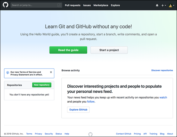 Screenshot of the home page of GitHub.com for starting a project, learning about a topic, or exploring existing repositories.