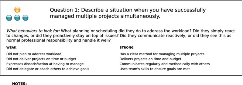 The figure shows the sample of an interview guideline, titled “Question 1: Describe a situation when you have successfully managed multiple projects simultaneously.”