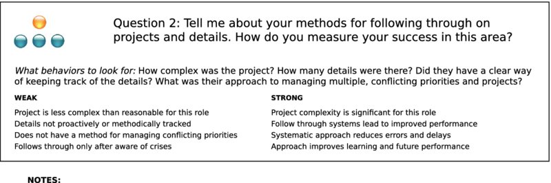 The figure shows the sample of an interview guideline, titled “Question 2: Tell me about your methods for following through on projects and details. How do you measure your success in this area?”