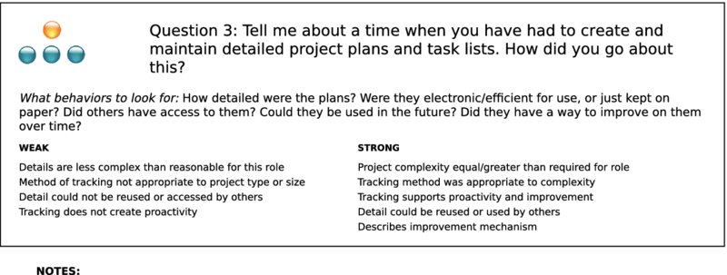 The figure shows the sample of an interview guideline, titled “Question 3: Tell me about a time when you have had to create and maintain detailed project plans and tasks lists. How did you go about this?”