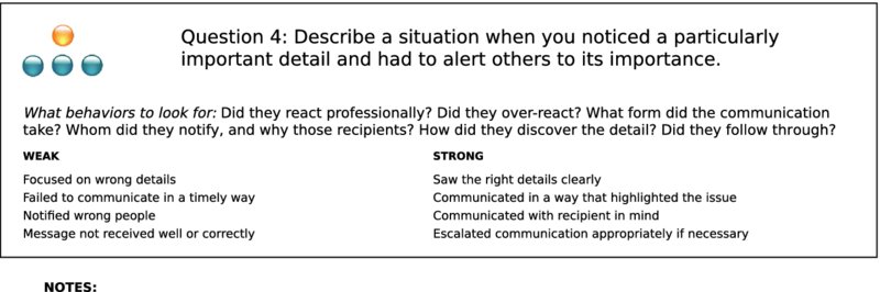 The figure shows the sample of an interview guideline, titled “Question 4: Describe a situation when you noticed a particularly important detail and had to alert others to its importance.”