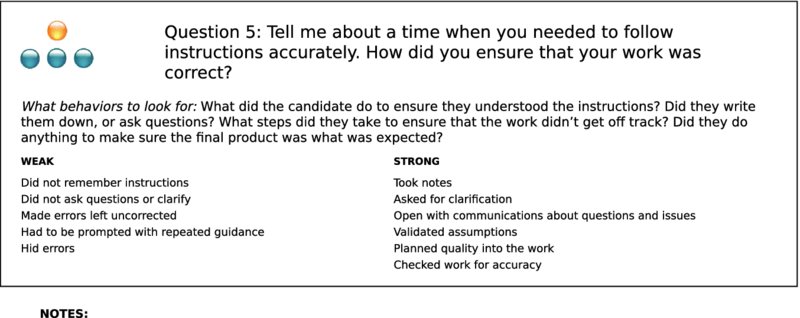 The figure shows the sample of an interview guideline, titled “Question 5: Tell me about a time when you needed to follow instructions accurately. How did you ensure that your work was correct?”