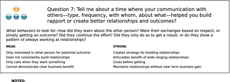 The figure shows the sample of an interview guideline, titled “Question 7: Tell me about a time where your communication with others-type, frequency, with whom, about what-helped you build rapport or create better relationships and outcomes?”