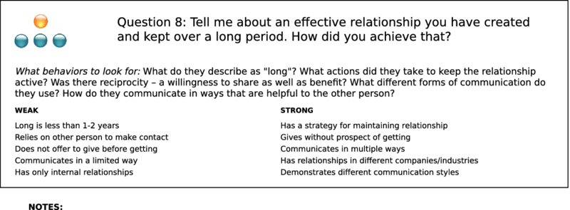 The figure shows the sample of an interview guideline, titled “Question 8: Tell me about an effective relationship you have created and kept over a long period. How did you achieve that?”