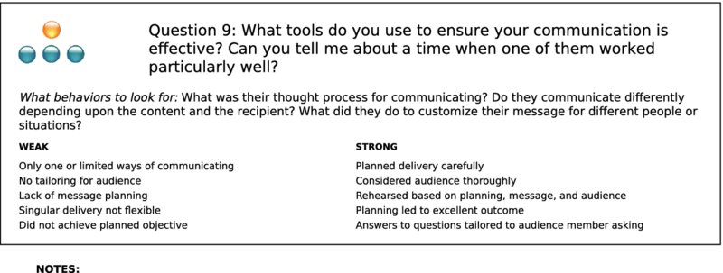 The figure shows the sample of an interview guideline, titled “Question 9: What tool do you use to ensure your communication is effective? Can you tell me about a time when one of them worked particularly well?”