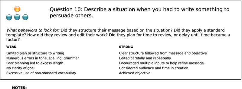 The figure shows the sample of an interview guideline, titled “Question 10: Describe a situation when you had to write something to persuade other.”