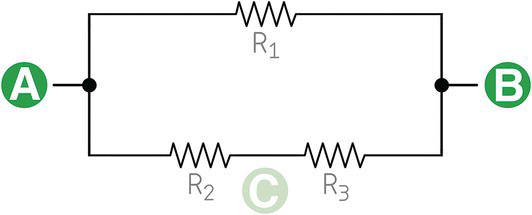 Delta circuit displaying R1, R2, and R3 with points labeled A, B, and C in between R2, and R3.