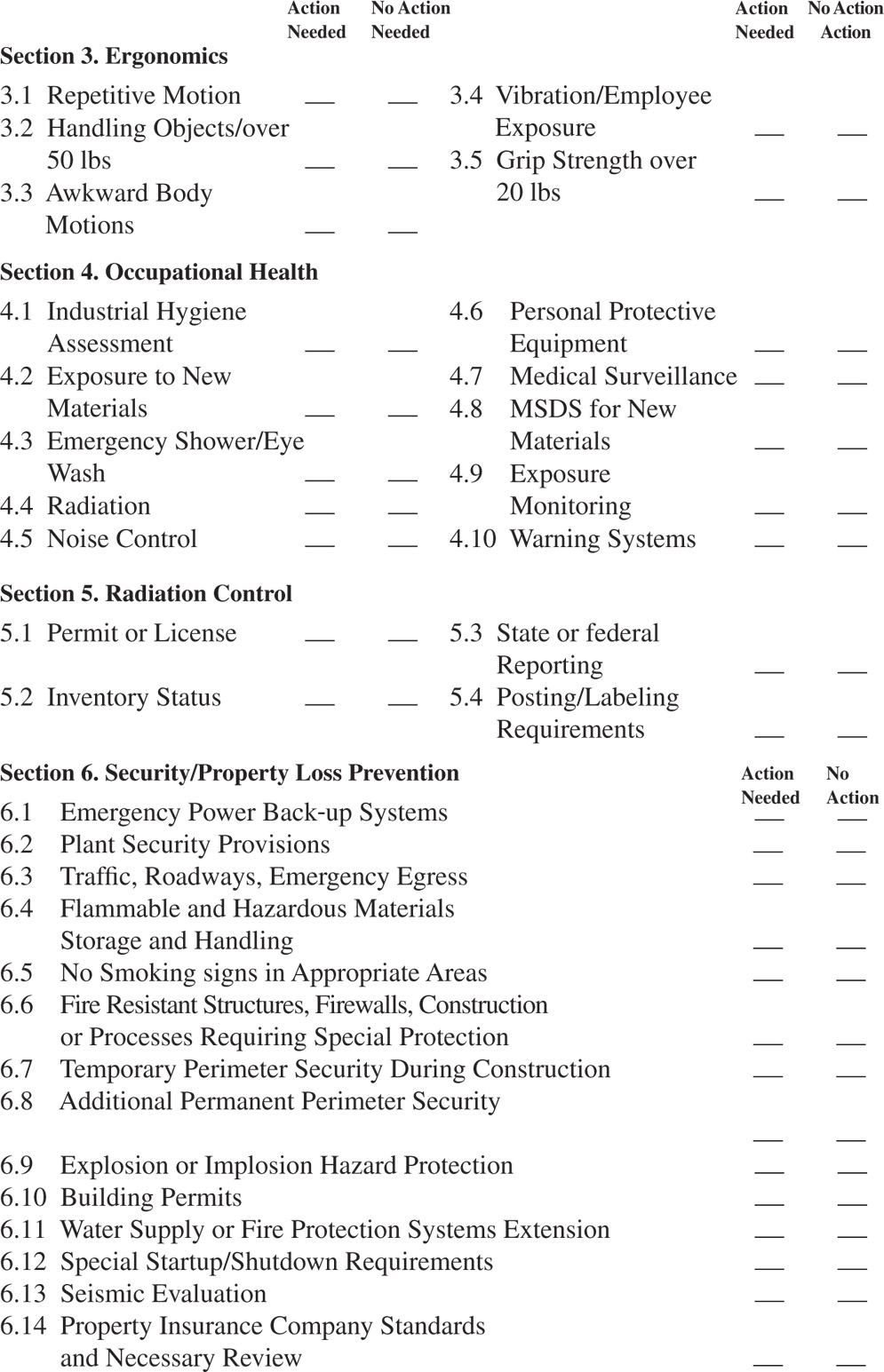 Illustration of the Management of Change Checklist: Form J8865
presenting the actions needed to be marked in Section 2: Safety; Section 3: ergonomics; Section 4: Occupational Health; and Section 5: Radiation Control.