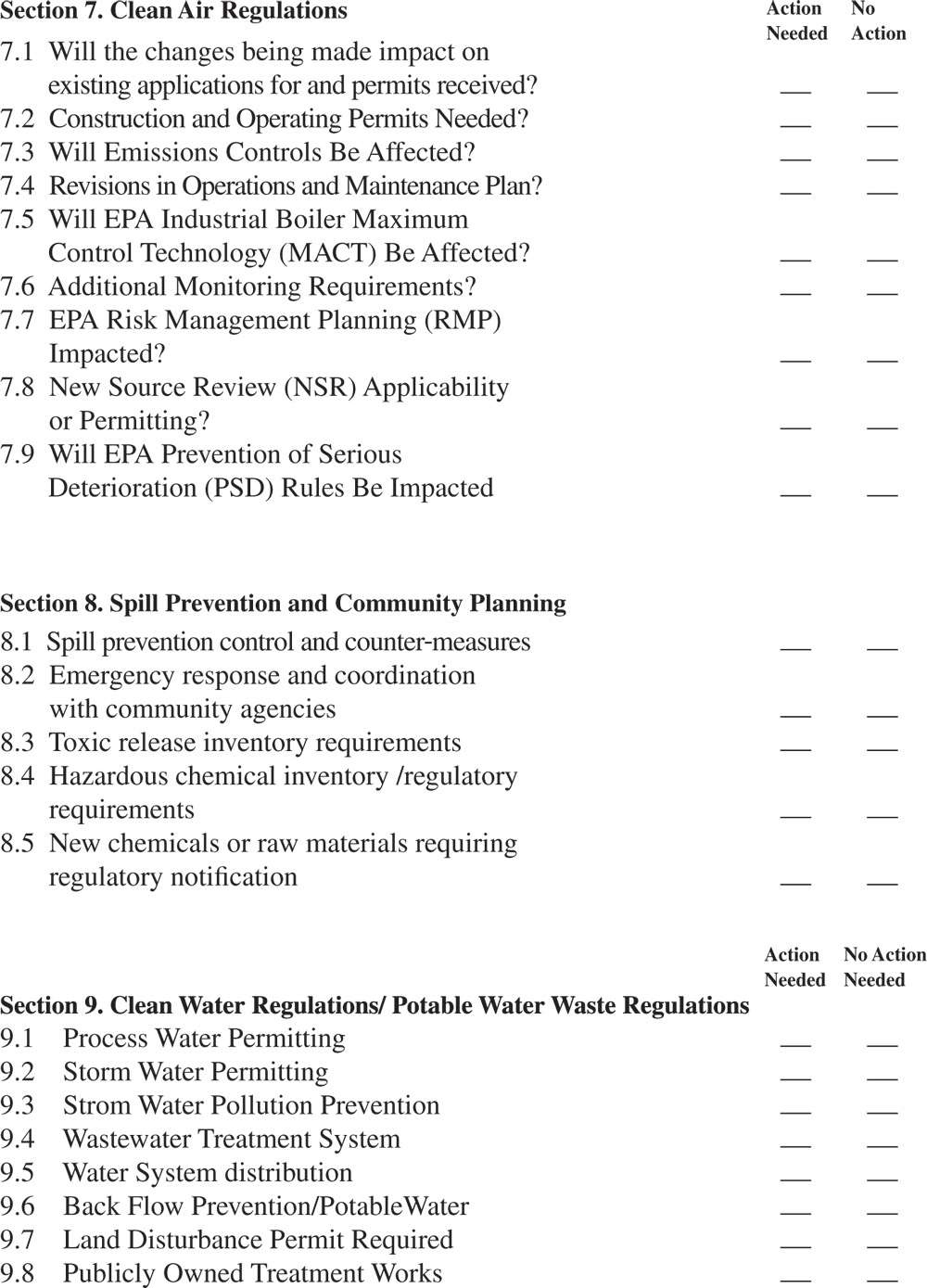 Illustration of the Management of Change Checklist: Form J8865
presenting the actions needed to be marked in Section 6:  Security/Property Loss Prevention and Section 7: Clean Air Regulations.