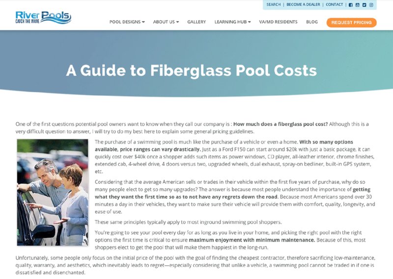 The figure shows a screenshot of fiberglass pool cost article, “A Guide to Fiberglass Pool Costs” by River Pools.