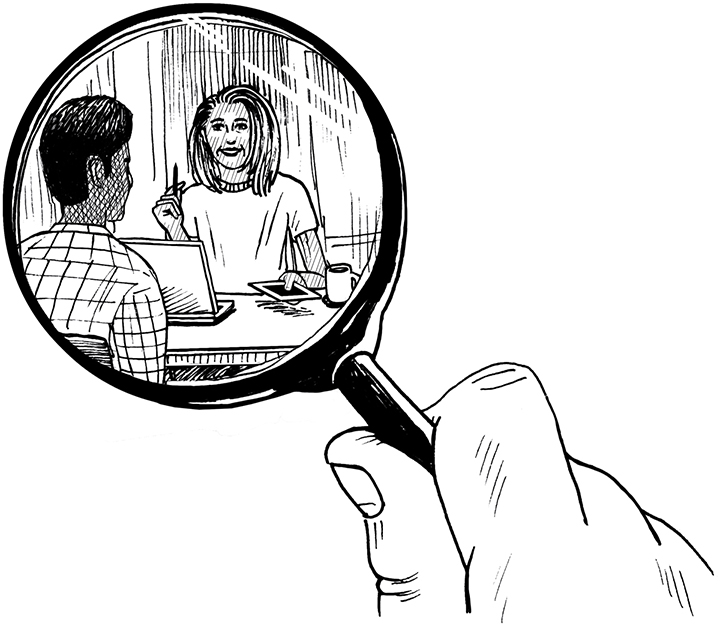 The image shows a diagram of a hand holding a lens. In lens, an image of a girl and boy can be seen discussing over a topic.