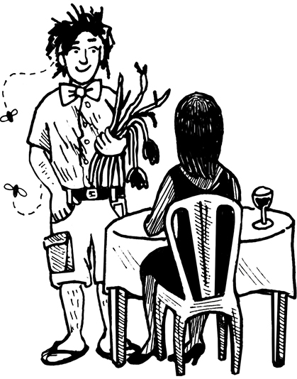 The image shows a well-dressed woman sitting on the chair across a round table while a dirty, not well-dressed man holding flowers, standing opposite to her can be seen.