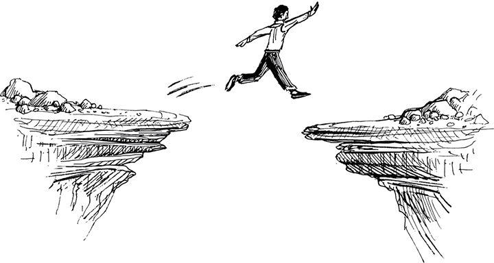 The image shows a man in mid air jumping from one cliff to another cliff.