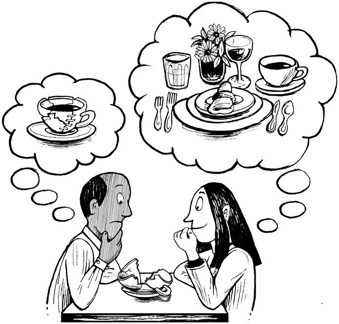 The image shows a bald man and a woman sitting alongside on the chair. In the middle, is the broken cup and the plate. Above the bald man is the thought bubble  consisting an image of the broken cup while above the women is the thought bubble consisting an image of the proper meal.