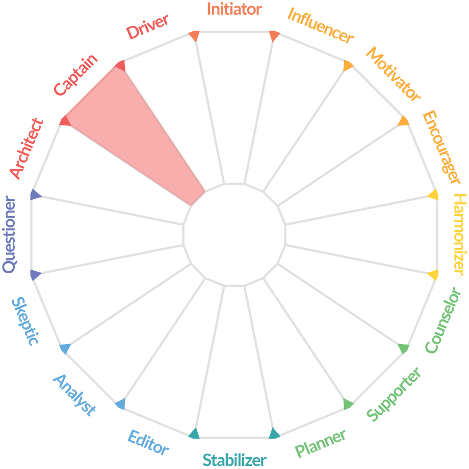 “Illustration of the Personality Map depicting the position “The Captain” who are results-oriented executors who work quickly and make decisions with firmness and objectivity.”