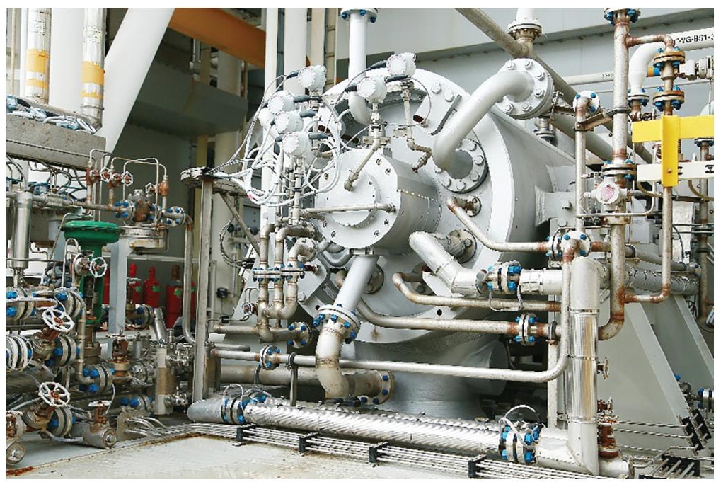 Schematic illustration of the barrel-type, centrifugal gas compressor.