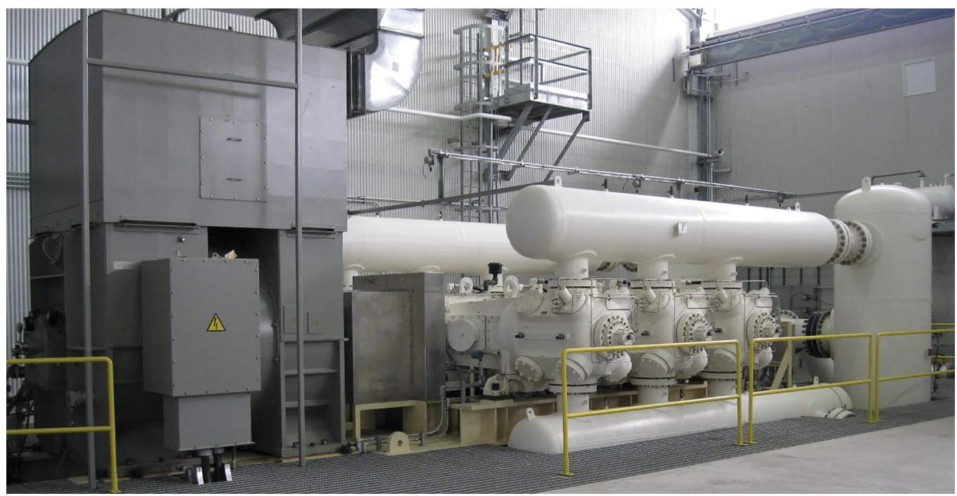 Schematic illustration of six throw reciprocating gas compressor.